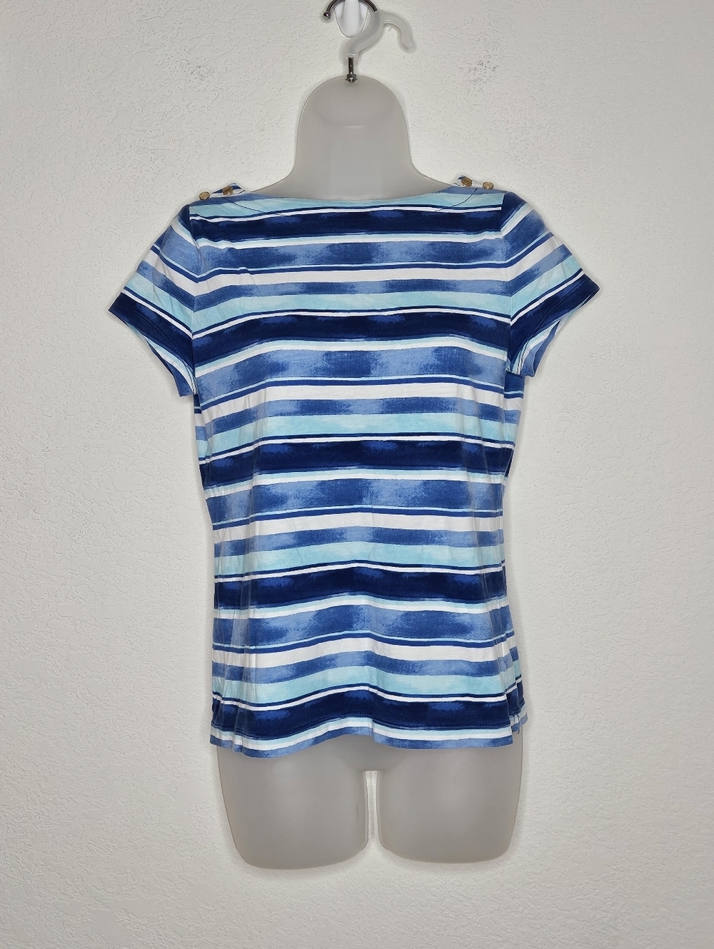 Chaps Cotton Blue Striped Nautical Tee Gold Button Shoulder Top PM Medium